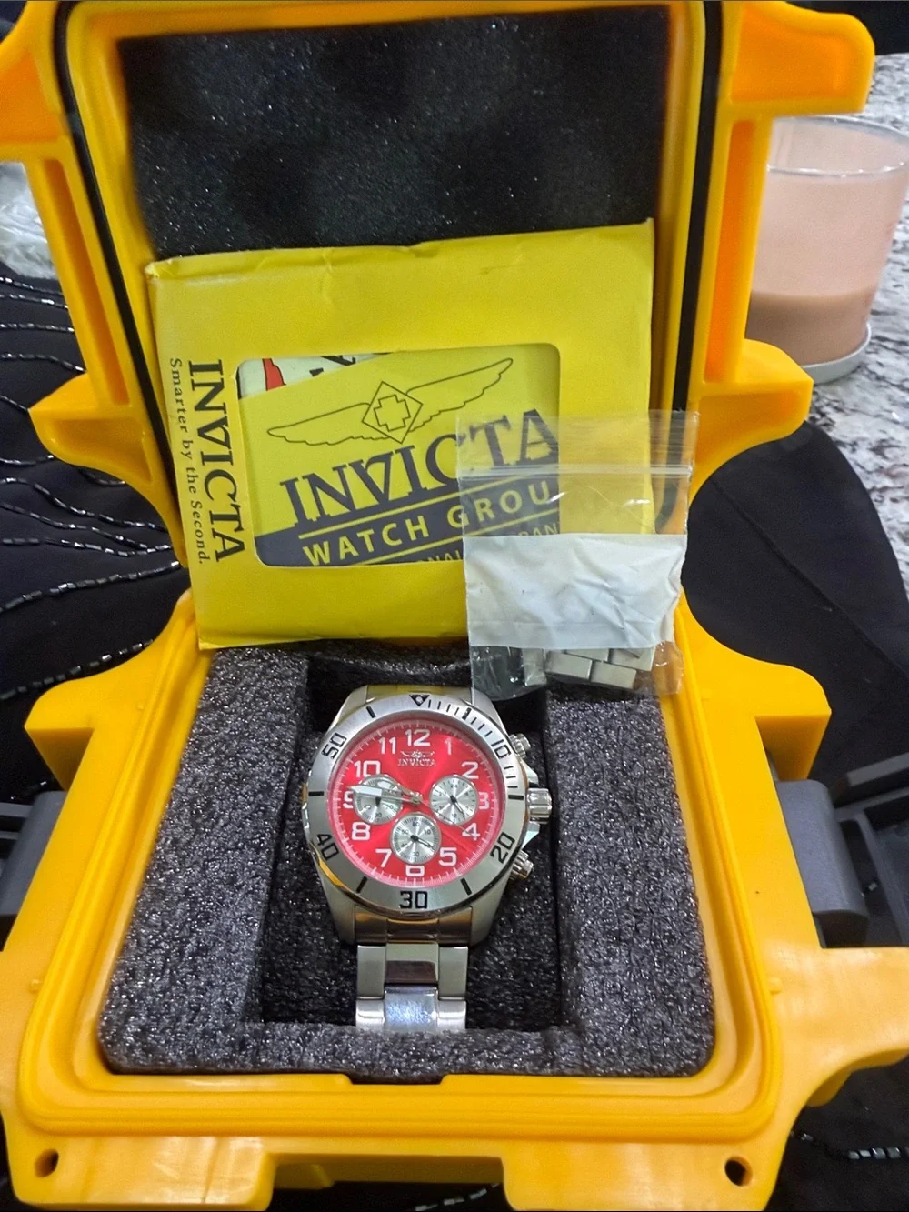 Invicta Men’s Stainless Steel Chronograph Watch - Red Dial with Silver Bracelet